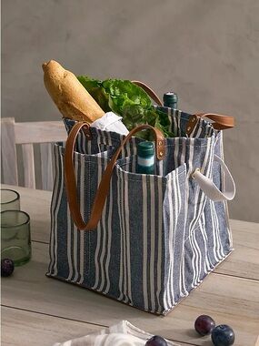 Anthro Striped Canvas Market Tote Vegan Leather Handles Large